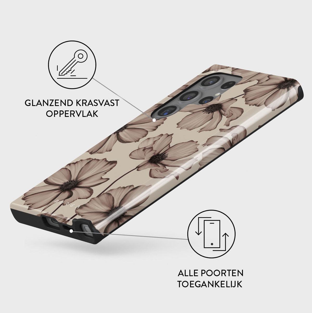 Une coque de téléphone avec un motif floral. La coque a un fond beige avec des fleurs marron. Le texte indique une surface brillante et résistante aux rayures.