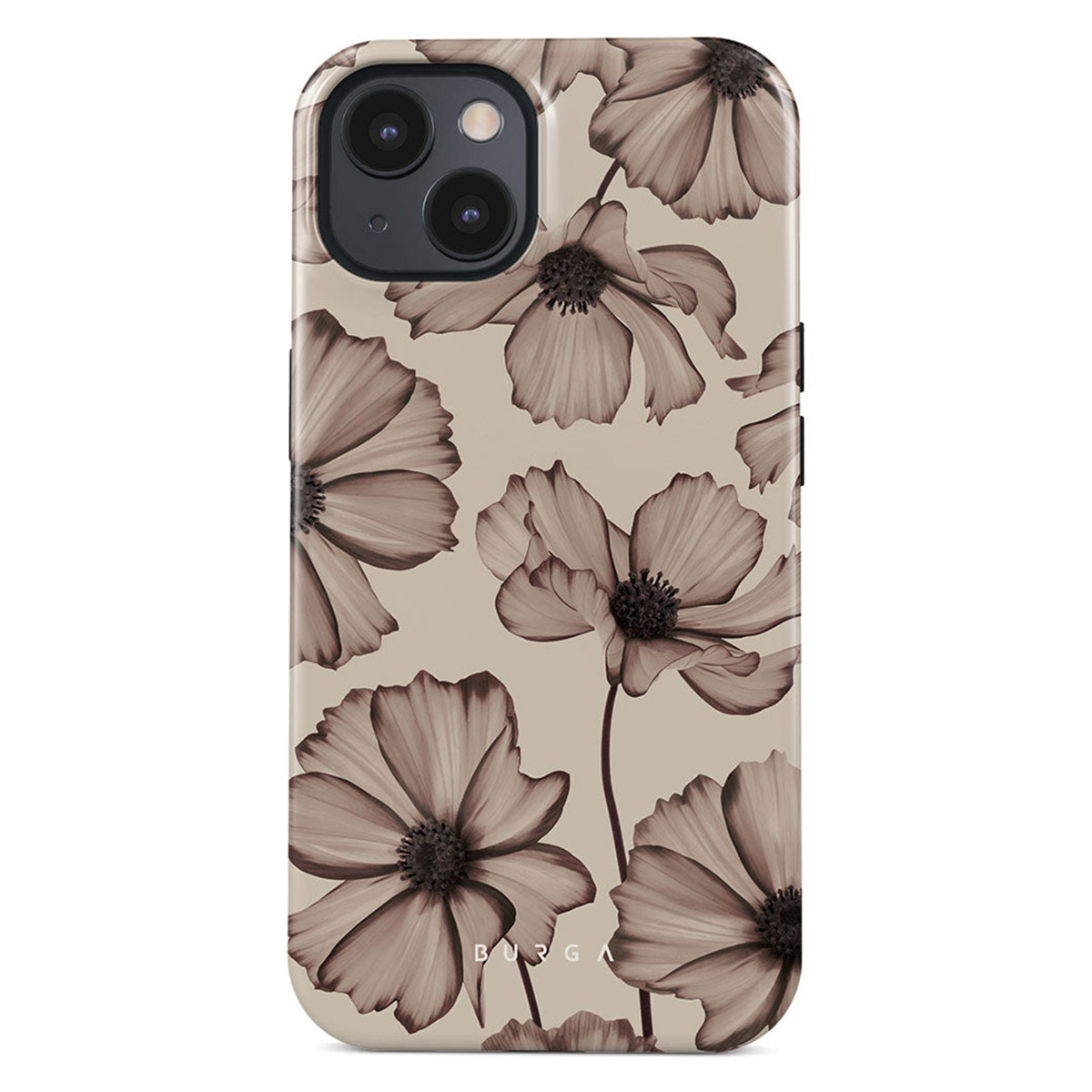 Telefoonhoesje met een bloemenontwerp. Bruine en crèmekleurige bloemen bedekken de hoes. De camera van de telefoon is zichtbaar bovenaan.