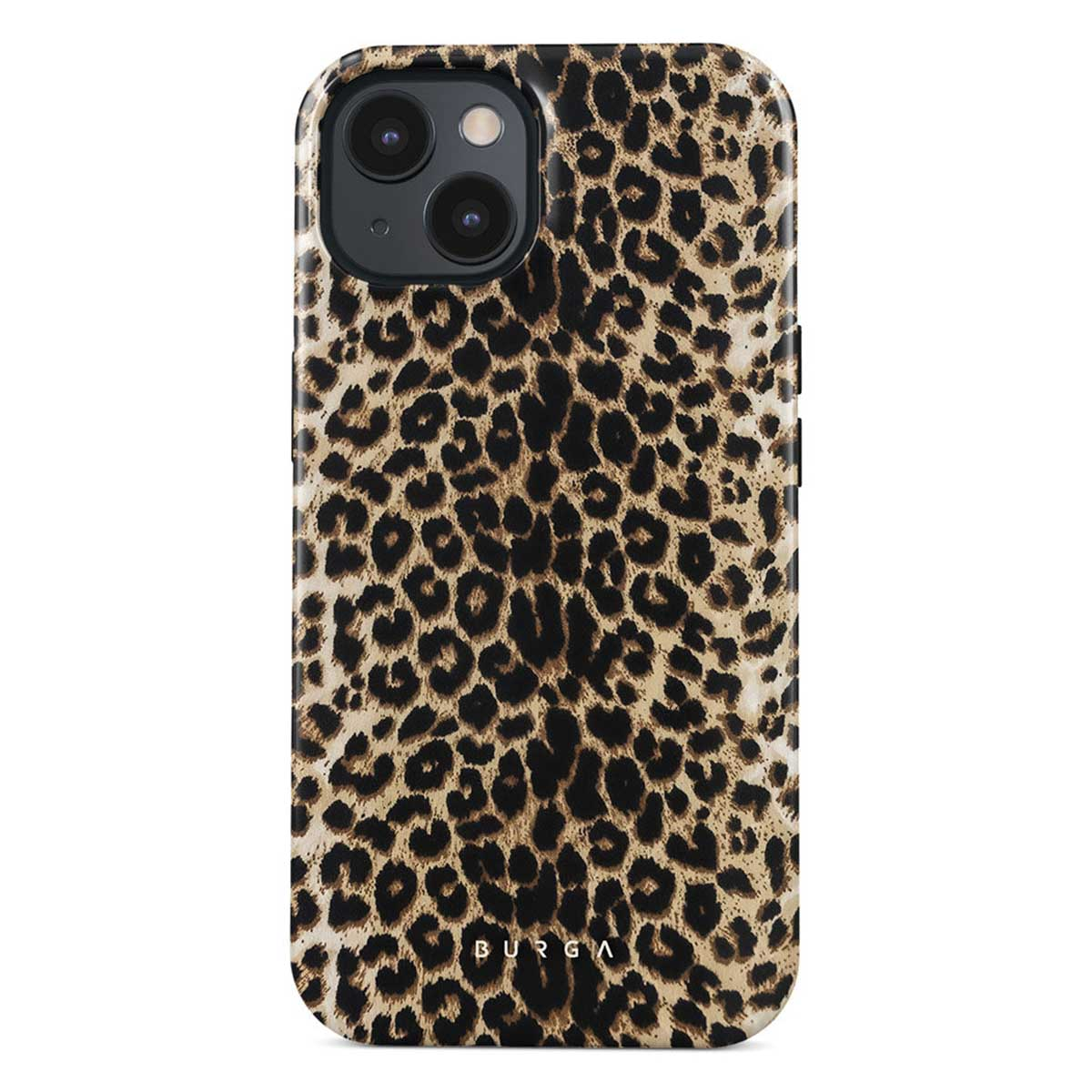 Een telefoonhoesje met een luipaardprint. Bruine en zwarte vlekken bedekken de hoes. Het merk 'BURGA' staat onderaan.