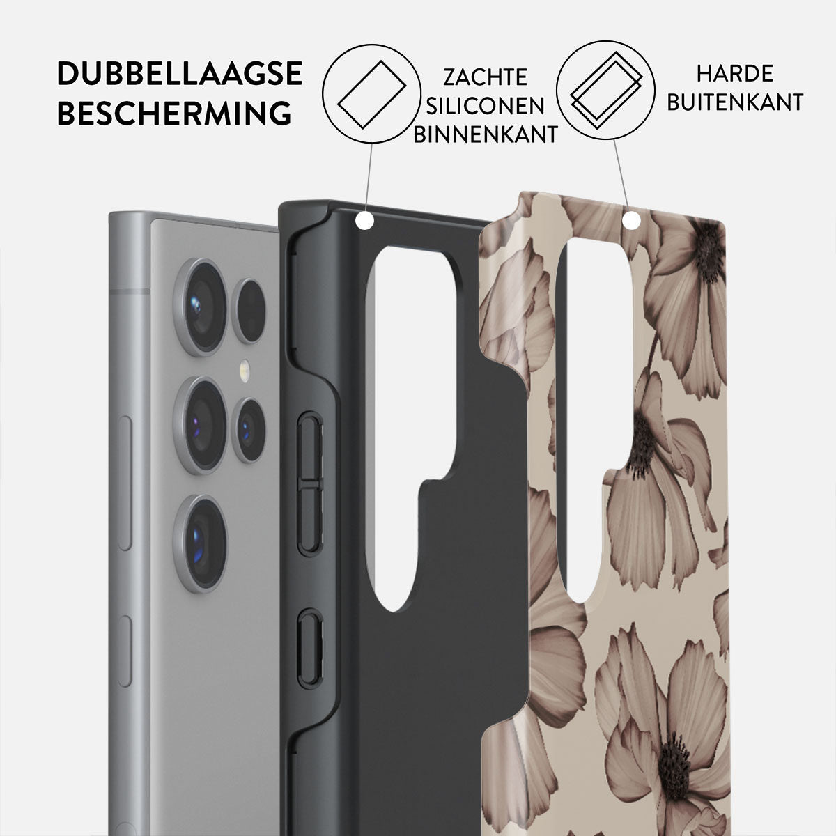 Coque de téléphone à motif floral. Elle montre un téléphone argenté, une coque noire et une couverture à imprimé floral.