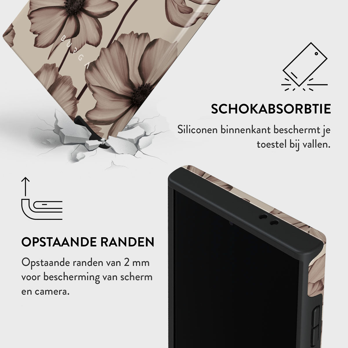 Une coque de téléphone à motifs floraux, à côté d'un texte sur l'absorption des chocs et les bords surélevés pour protéger l'écran et l'appareil photo.