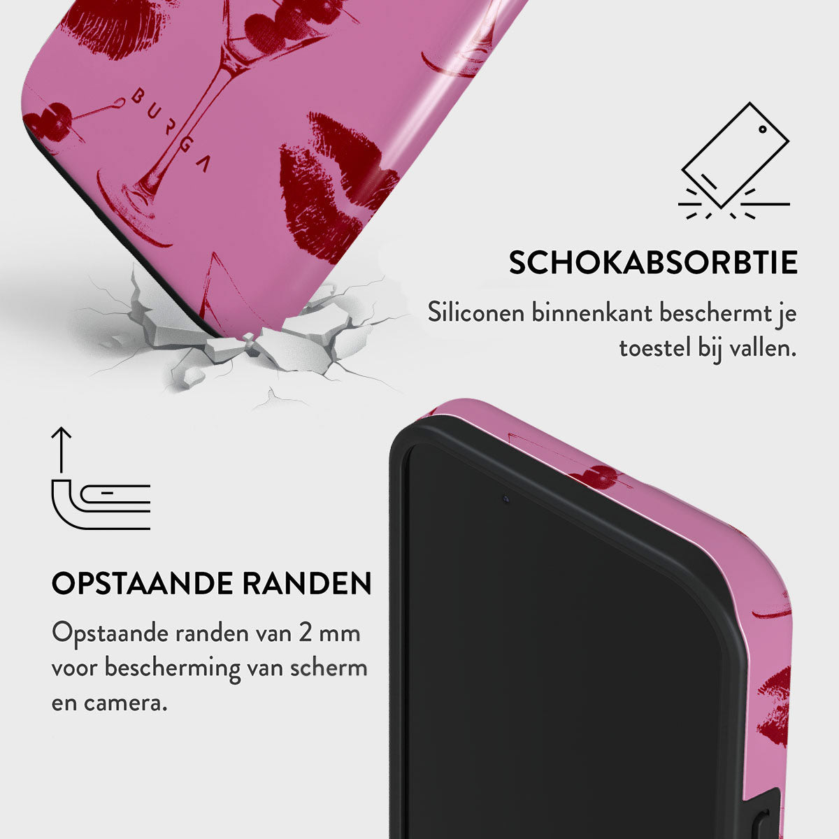 Een roze telefoonhoesje met rode lippen en cocktailontwerp. Tekst beschrijft schokabsorptie en verhoogde randen voor scherm en camera.