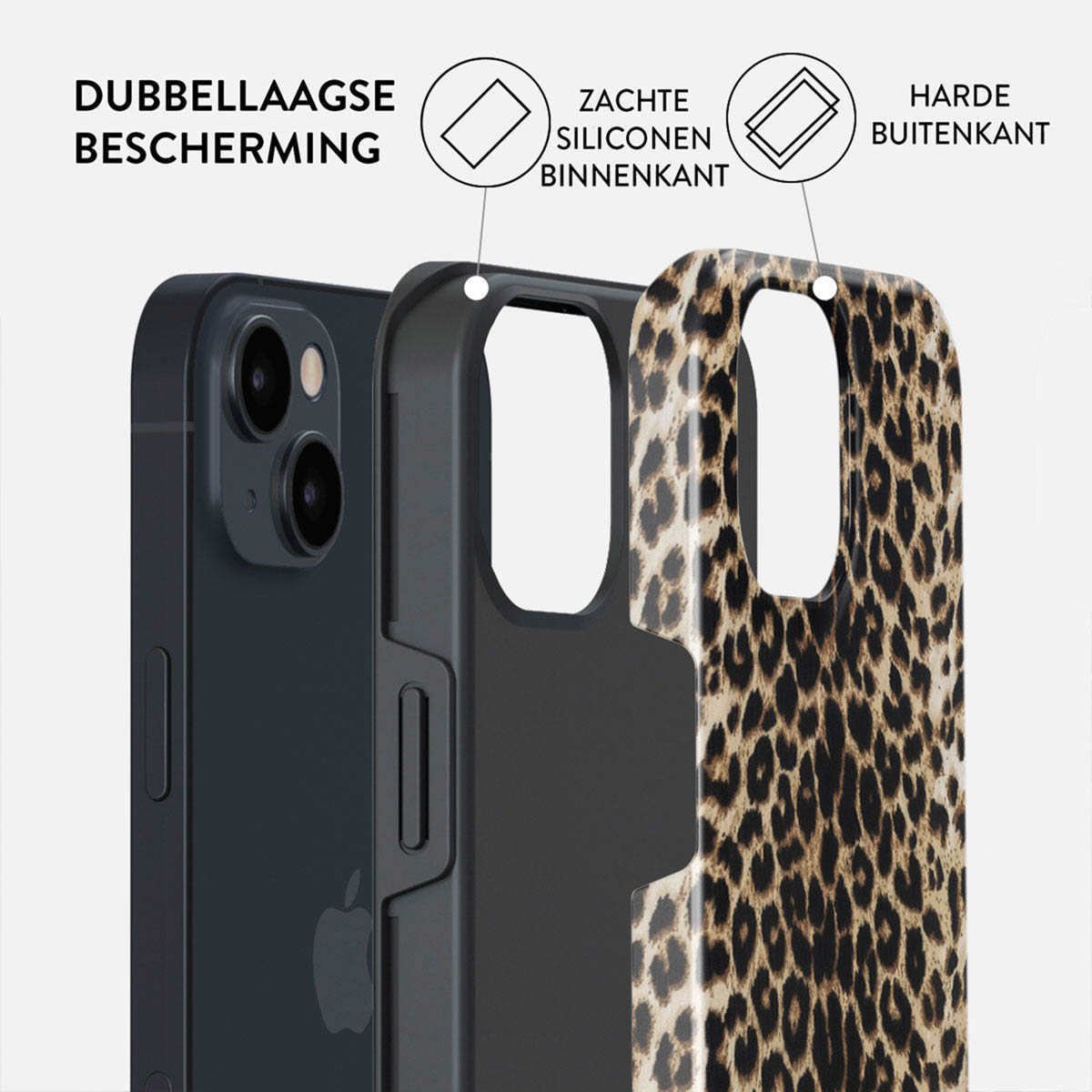 Telefoonhoesje met lagen: telefoon, zwarte binnenhoes en luipaardprint buitenhoes. Tekstlabels: dubbele bescherming, zachte binnenkant van siliconen, harde buitenkant.