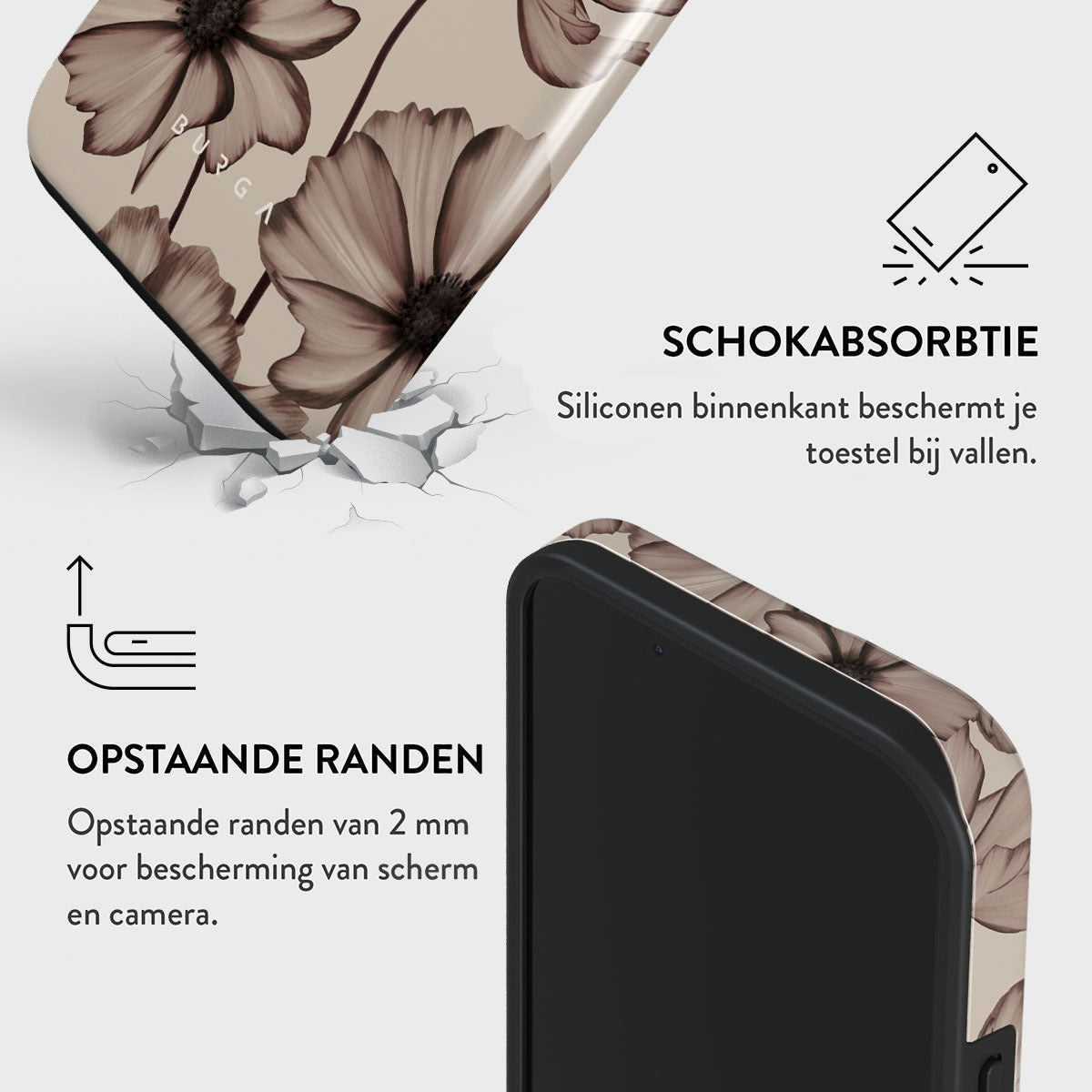 Telefoonhoesje met bloemenontwerp, met beschermingsdetails. Tekst: Schokabsorptie, verhoogde randen voor scherm en camera.