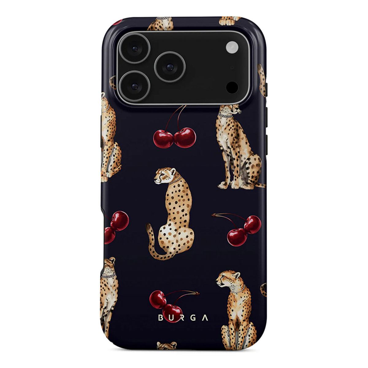 Coque de téléphone noire avec motif guépards et cerises. Contient une caméra. La marque BURGA est visible.