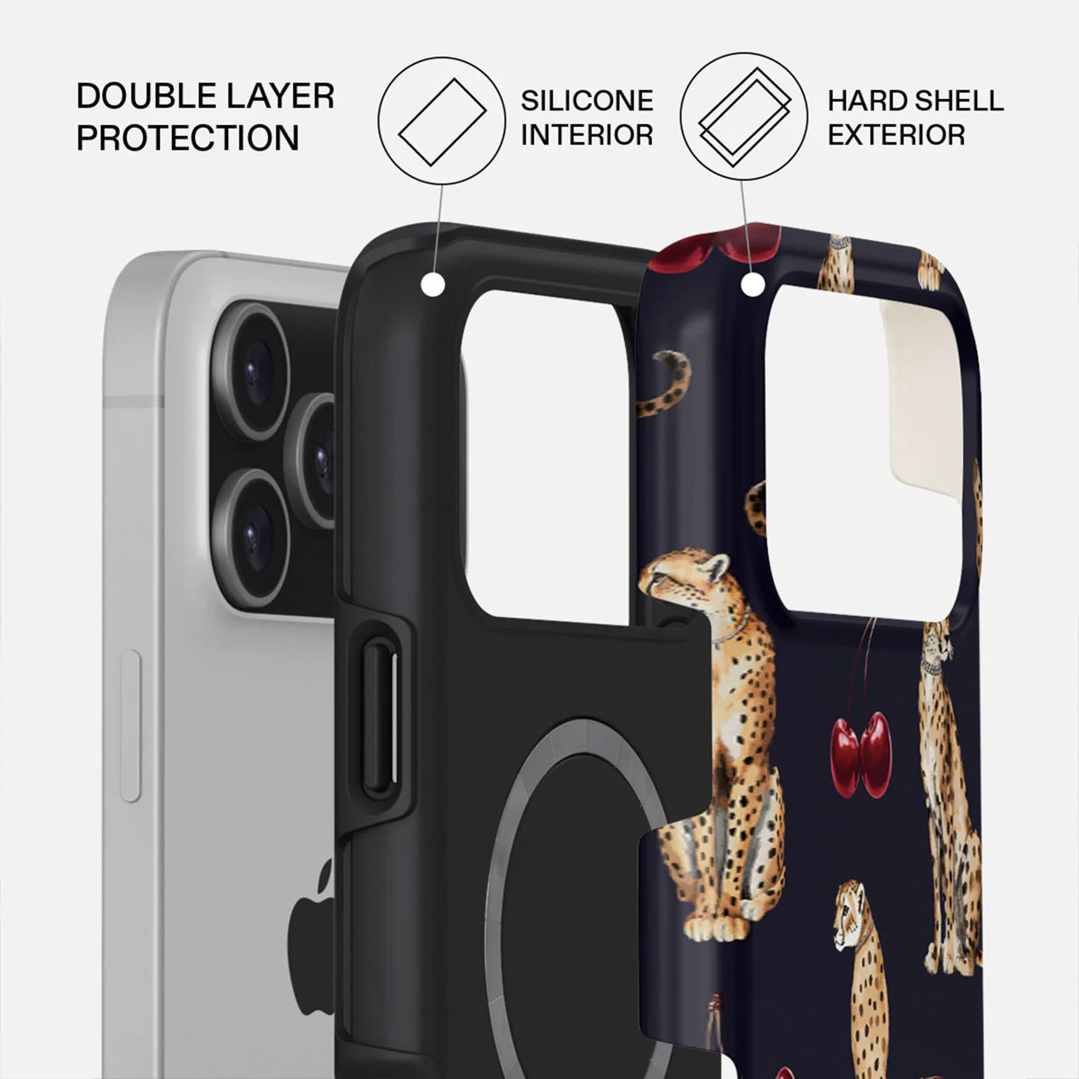 Coques de téléphone montrant une protection double couche. Une coque a un motif de guépard, l'autre est unie. Les étiquettes indiquent l'intérieur en silicone et l'extérieur rigide.
