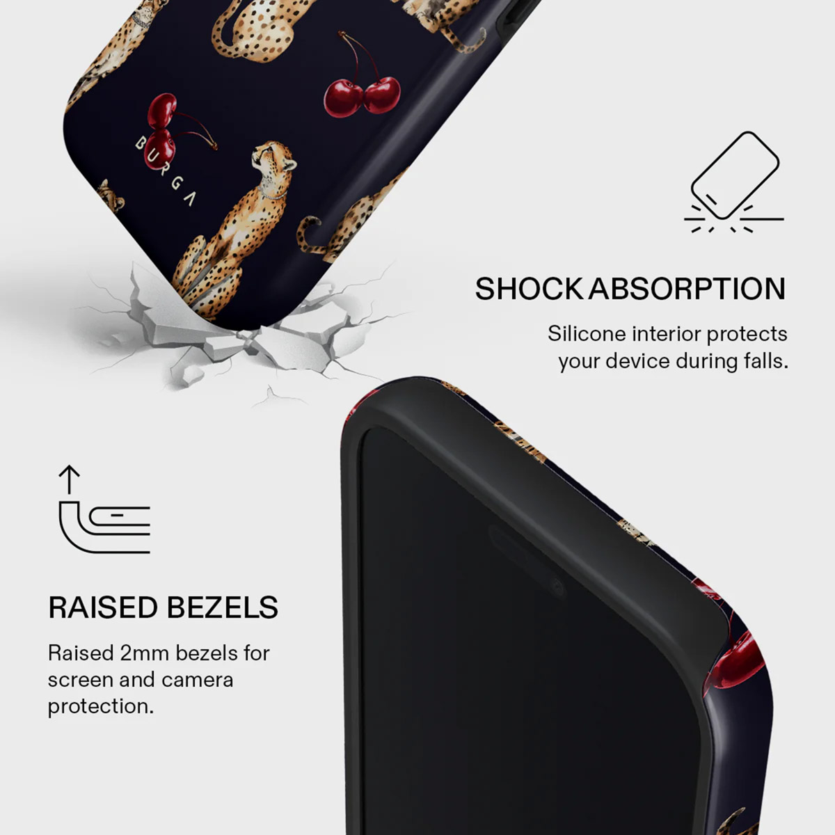 Une coque de téléphone avec un motif de guépard et de cerises. Elle présente des rebords surélevés et des caractéristiques d'absorption des chocs.