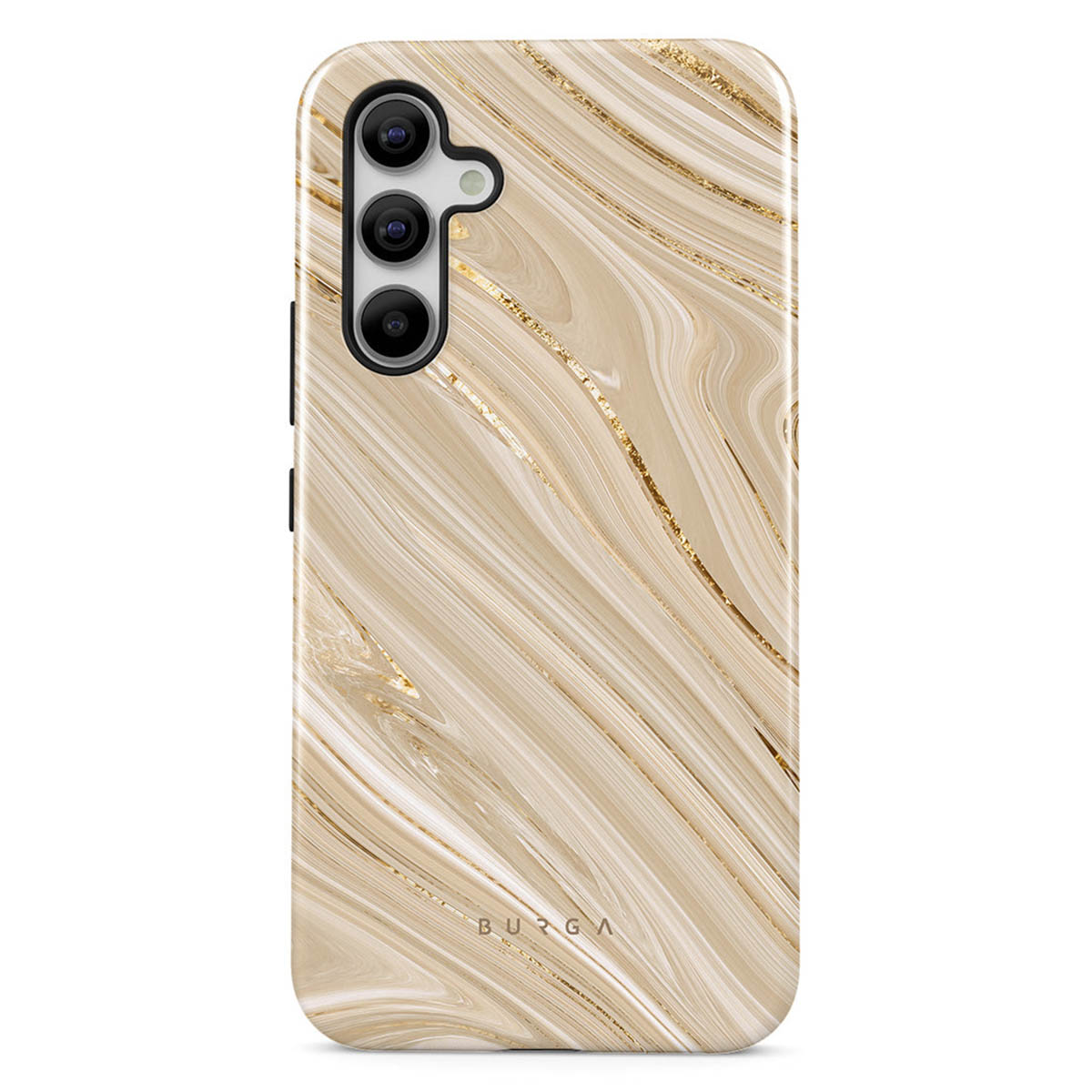 Telefoonhoesje met beige marmerontwerp en gouden aderen. Het heeft een camera en het merk 'BURGA' aan de onderkant.