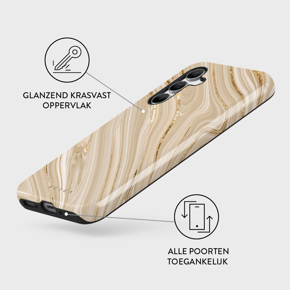 Telefoonhoesje met marmerdesign in goud- en wittinten. Sleutel- en poortpictogrammen. Tekst: glanzend, krasvast oppervlak.