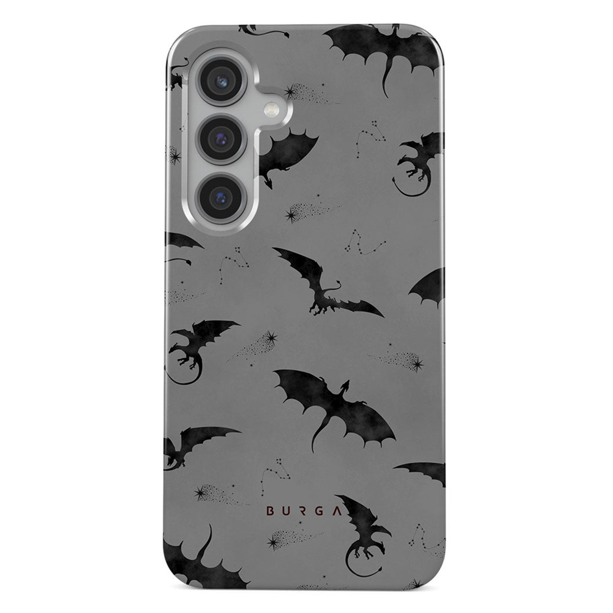 Een telefoonhoesje met een grijze achtergrond en een patroon van zwarte draken, sterrenbeelden en sterren. De merknaam BURGA is zichtbaar.