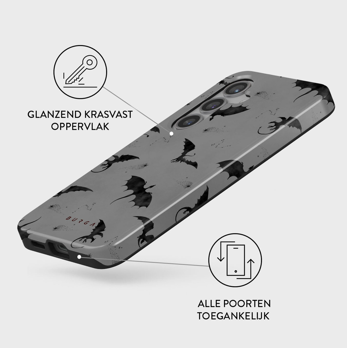 Telefoonhoesje met draken silhouetten. Grijze achtergrond met sleutel en telefoon iconen. Nederlandse tekst.