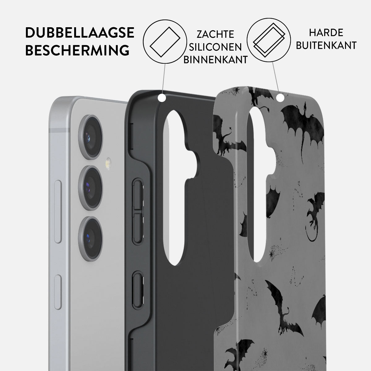 Telefoonhoesje met een drakenpatroon. Het heeft een harde buitenlaag en een zachte siliconen binnenlaag voor dubbele bescherming.