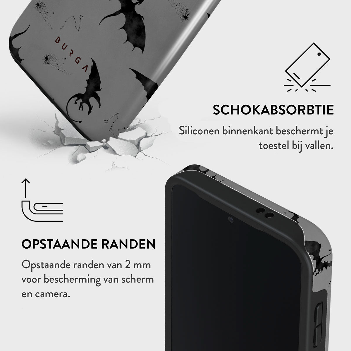 Telefoonhoesje met drakenontwerp. Een telefoon wordt laten vallen. Tekst: schokabsorptie, verhoogde randen voor scherm en camera.