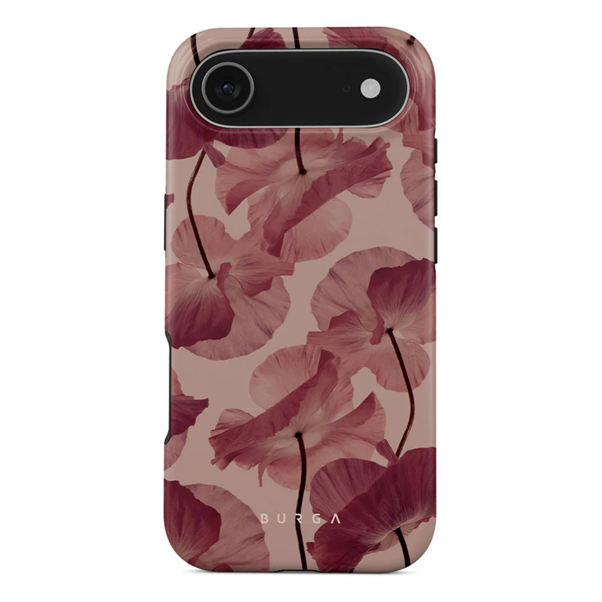 Een telefoonhoesje met een bloemenpatroon. Het ontwerp toont roze en bordeauxrode bloemen op een beige achtergrond. De merknaam is zichtbaar.