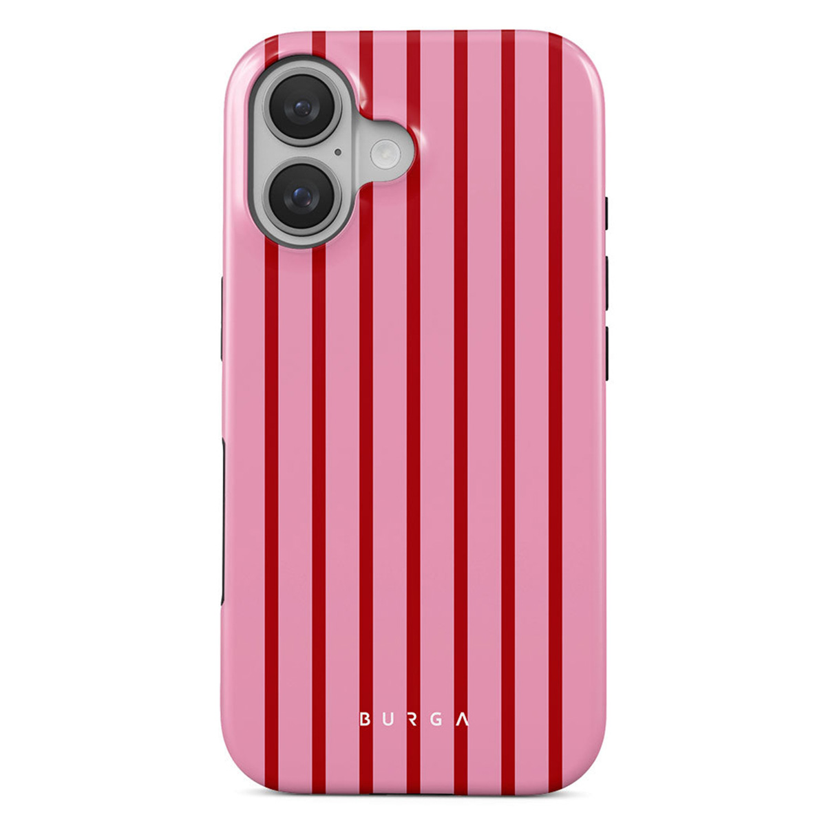 Coque de téléphone rose avec des rayures rouges verticales. La coque a des découpes pour la caméra et des boutons sur le côté. La marque 'BURGA' est en bas.