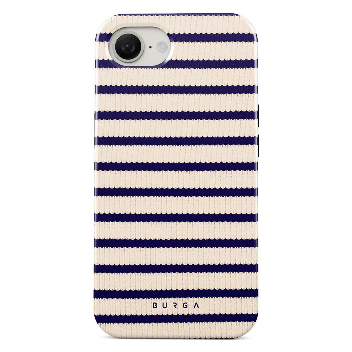 Een telefoonhoesje met een crèmekleurige achtergrond en marineblauwe horizontale strepen. De merknaam BURGA staat onderaan.
