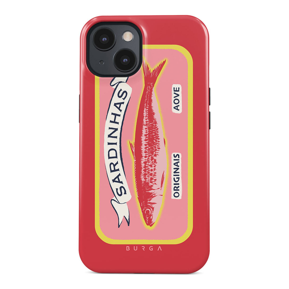 Een rode telefoonhoes met een ontwerp van een sardineblikje. Het ontwerp bevat een rode vis, tekst en een roze en gele achtergrond.