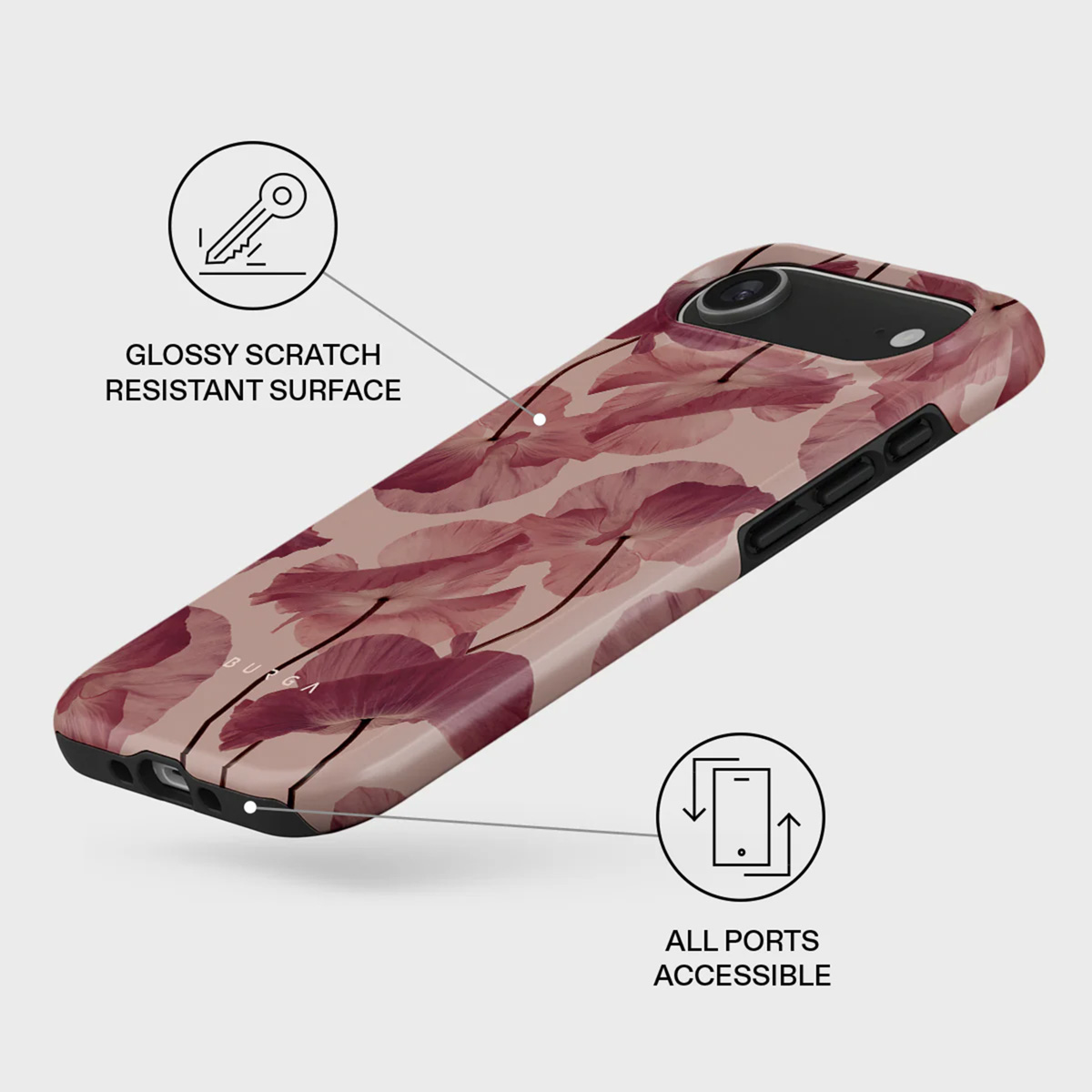 Een telefoonhoesje met bloemenpatroon. Het heeft een glanzende afwerking en alle poorten zijn toegankelijk.