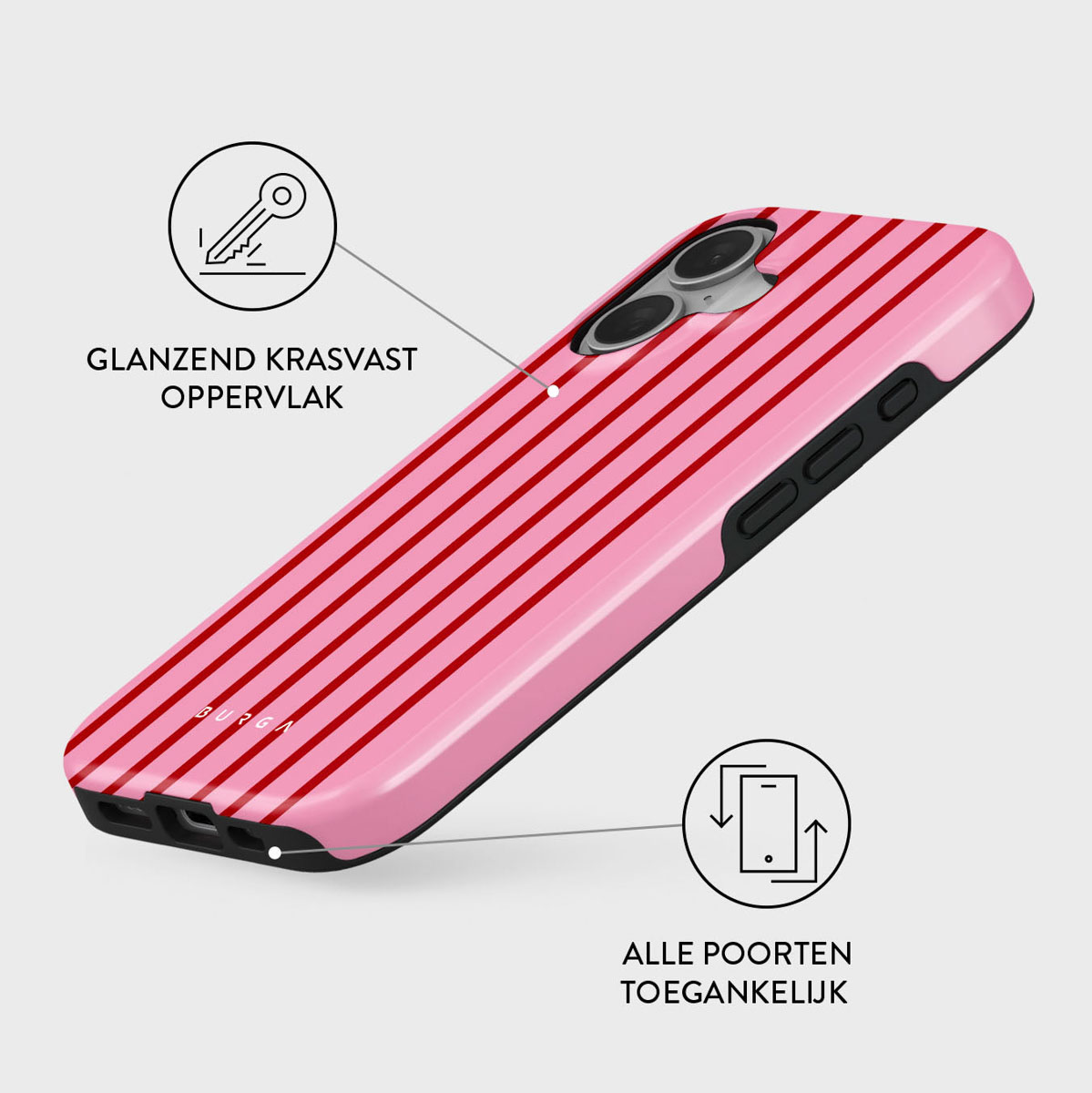 Coque de téléphone rose à rayures rouges. Elle a une surface brillante et résistante aux rayures. Tous les ports sont accessibles.