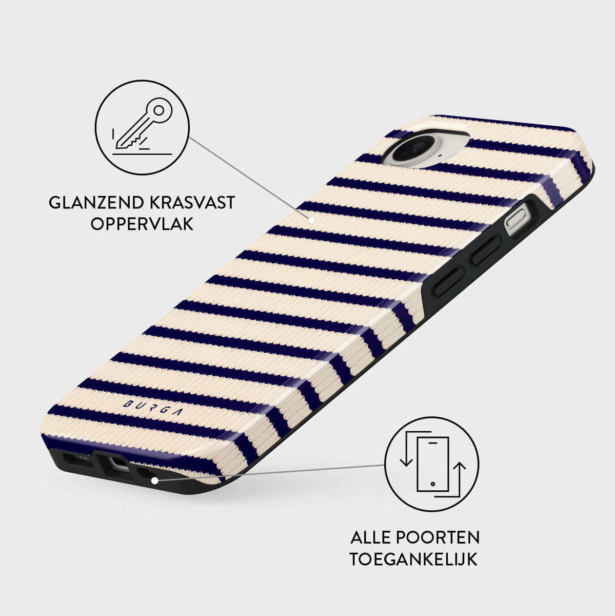 Een telefoonhoesje met een gestreept ontwerp. De hoes is wit met donkerblauwe strepen. Er staan tekst en pictogrammen op de afbeelding.