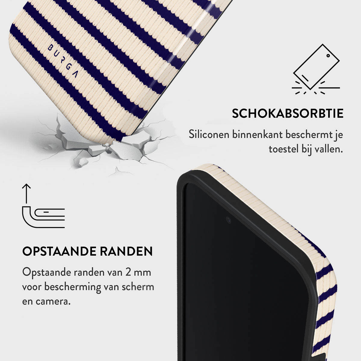 Telefoonhoesje met blauwe strepen op beige, gebarsten oppervlak en tekst over beschermingsfuncties. Een telefoon is ook zichtbaar.