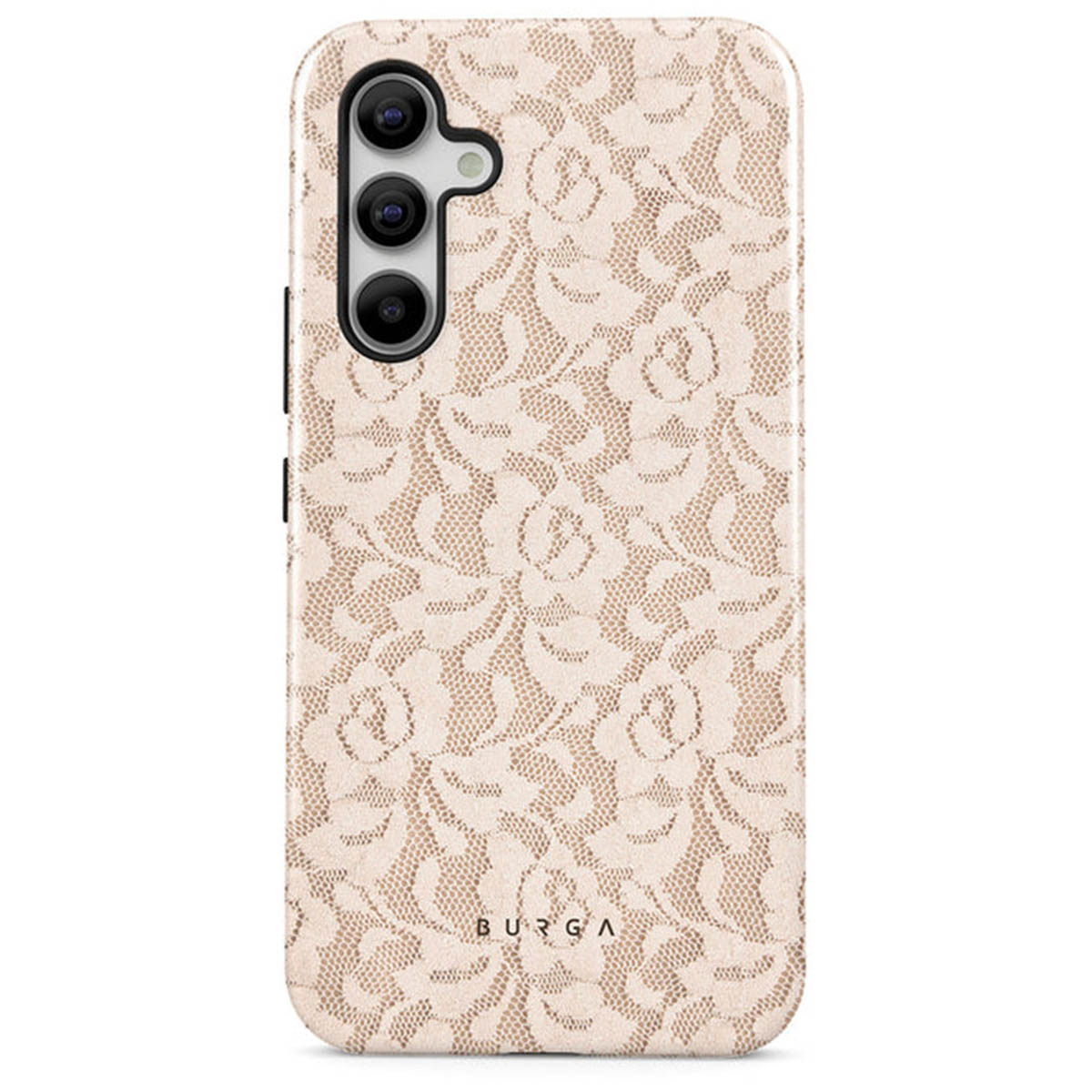 Een telefoonhoesje met een bloemig kantpatroon in beige en crèmekleuren. Het heeft een cameramodule en de merknaam 'BURGA'.