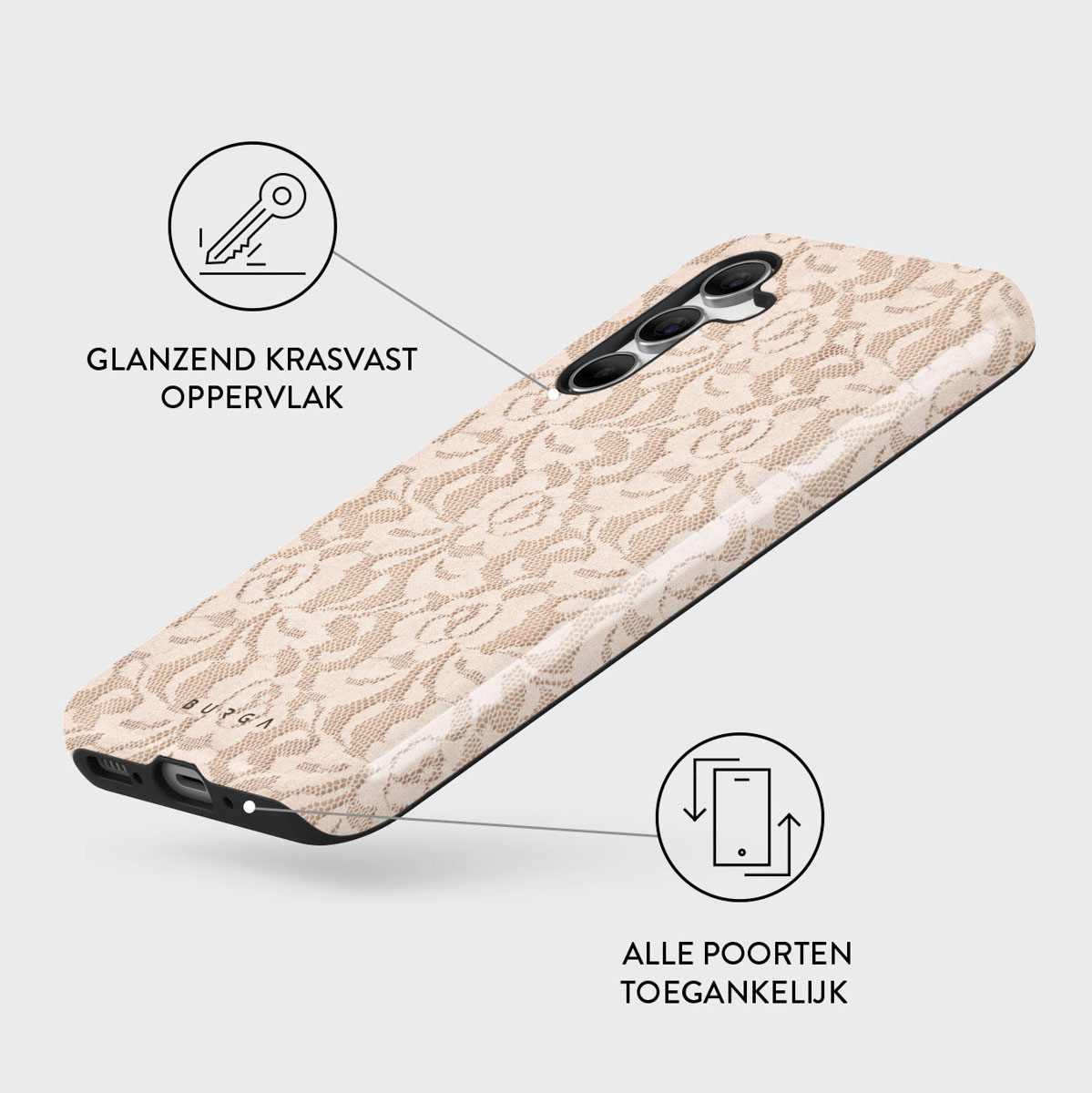 Een telefoonhoesje met een beige kanten patroon. Iconen geven krasbestendigheid en toegankelijke poorten aan. Lichte grijze achtergrond.