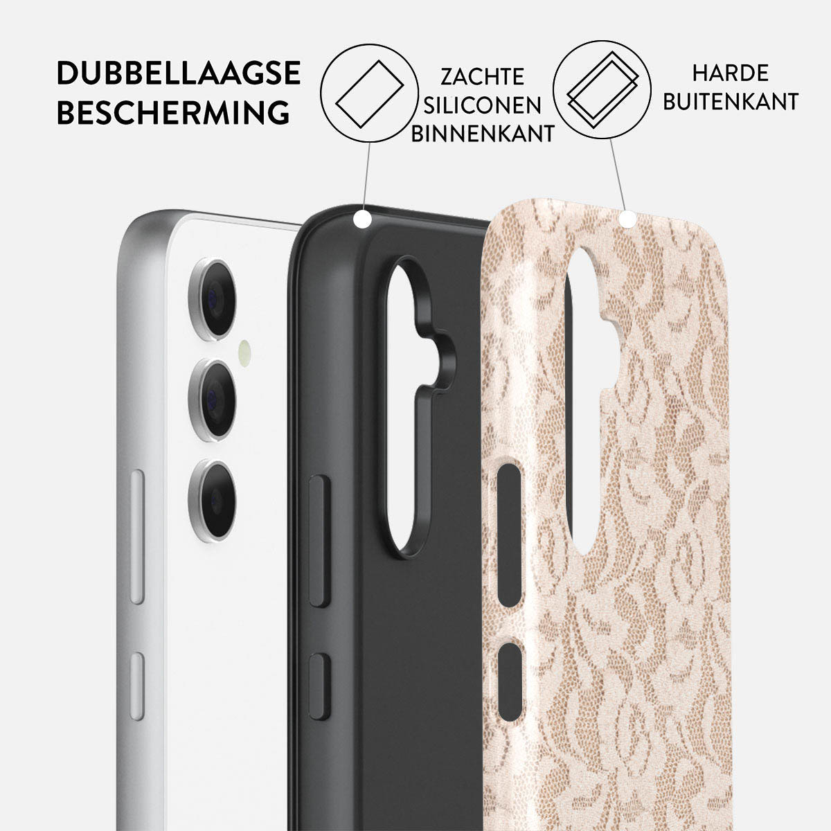 Telefoonhoesje met drie lagen: telefoon, zwarte siliconen en een buitenlaag met patroon. Tekst: dubbellaagse bescherming, zachte siliconen binnenkant, harde buitenkant.