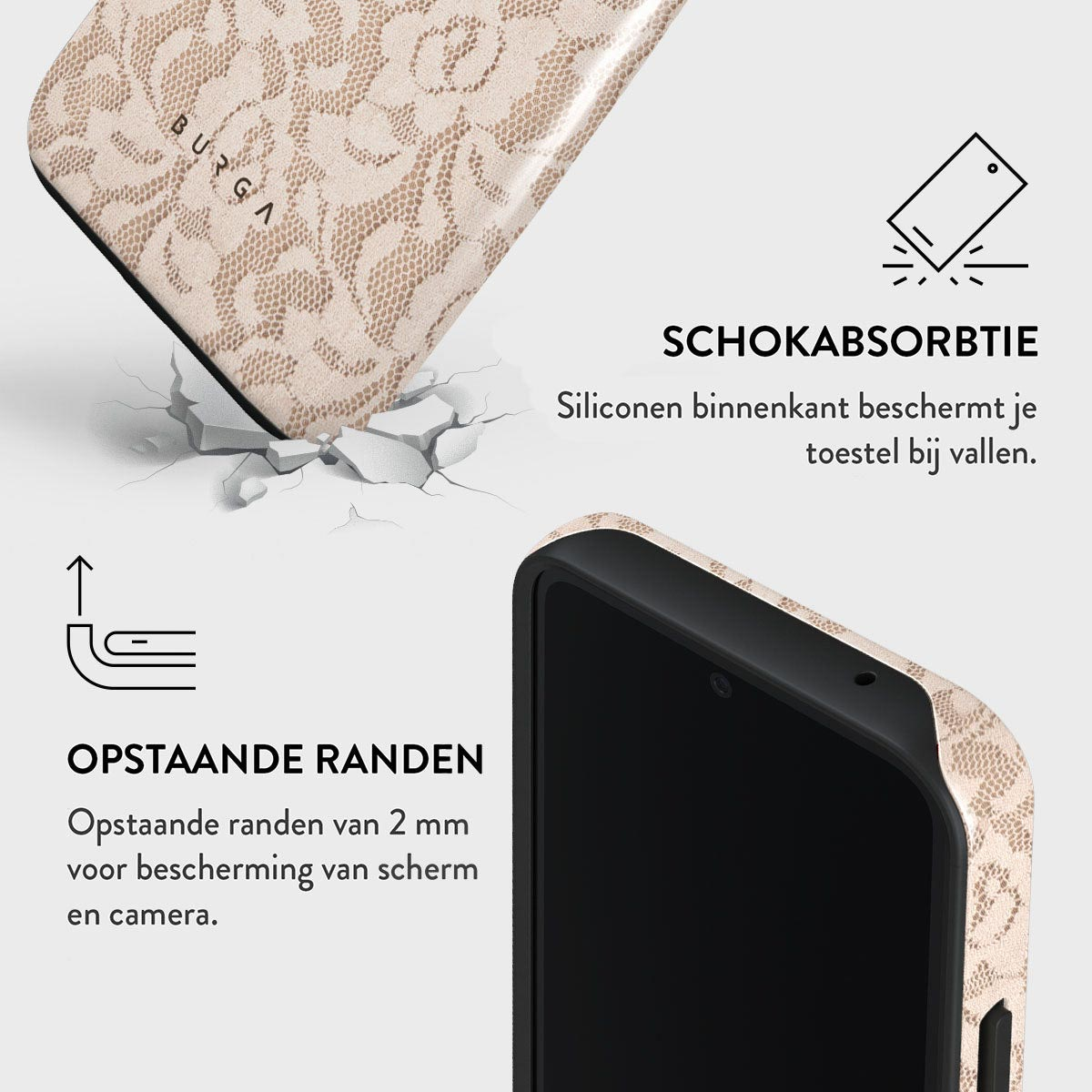 Een telefoonhoesje met bloemenpatroon, een zwart telefoonscherm en tekst over schokabsorptie en opstaande randen.