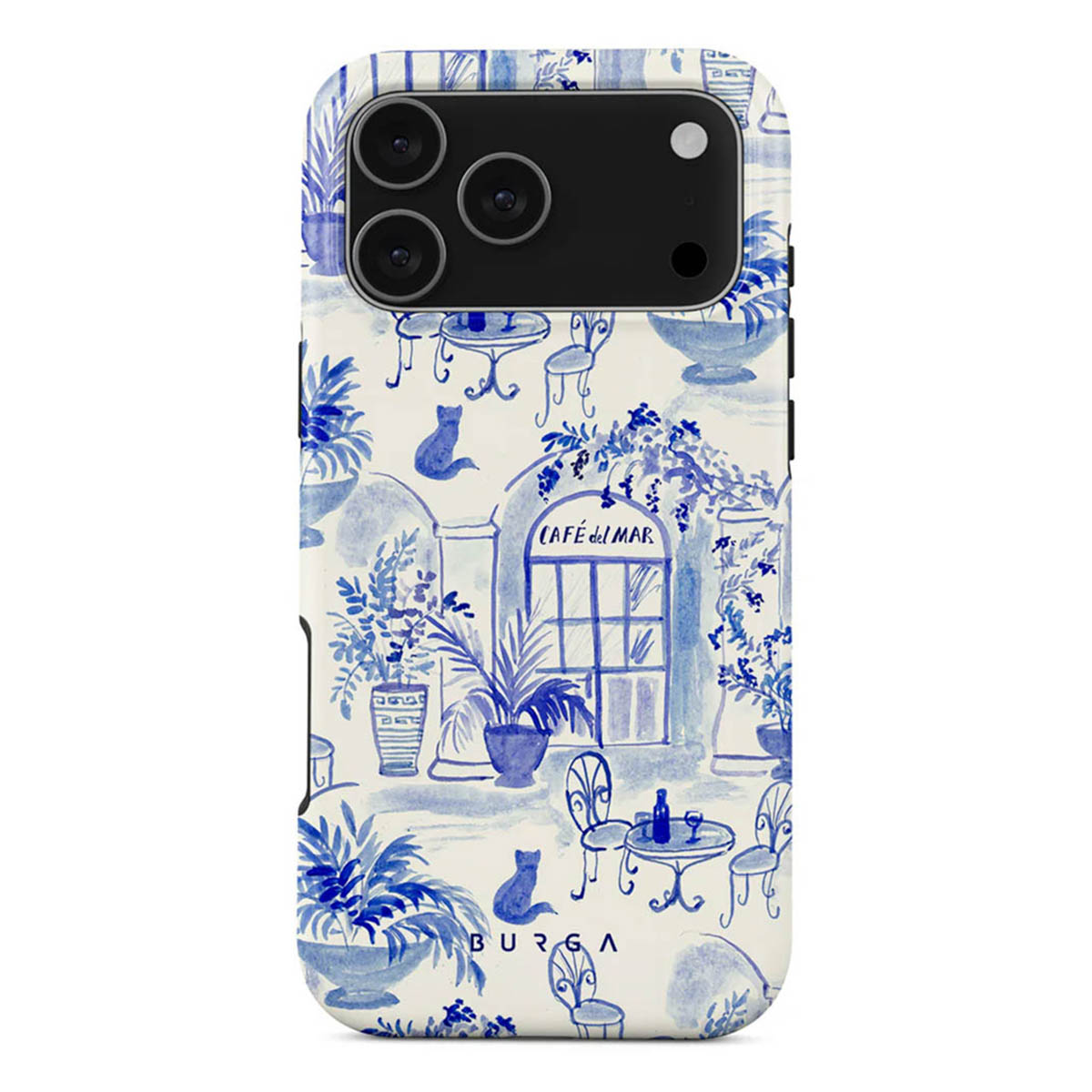 Telefoonhoesje met een blauw-witte caféscene. Met tafels, stoelen, planten, katten en een bord met 'Cafe del Mar'.