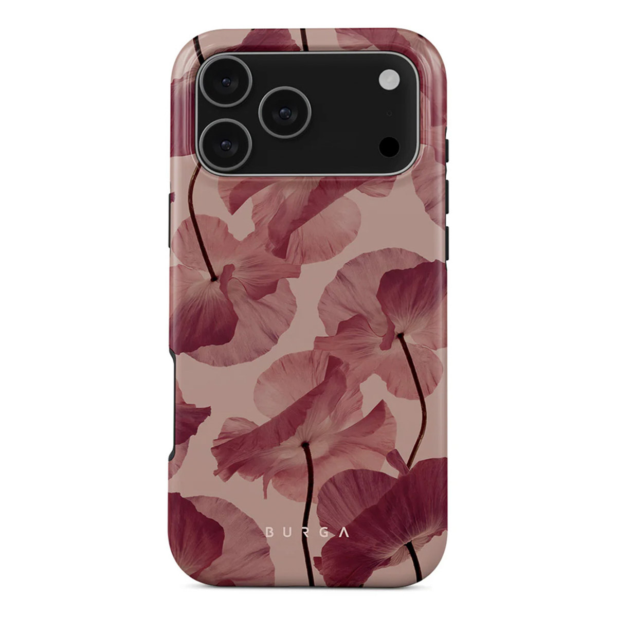 Een telefoonhoesje met bloemenontwerp. Roze klaprozen met donkere stelen zijn gedrukt op een lichtroze achtergrond, met een uitsparing voor de camera.