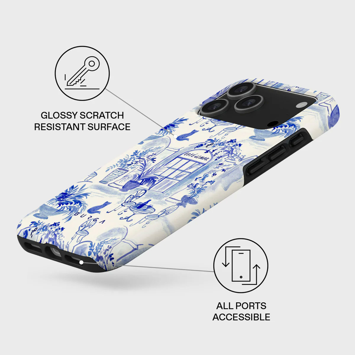 Een telefoonhoesje met een blauw en wit bloemmotief. De hoes heeft een glanzend, krasbestendig oppervlak. Alle poorten zijn toegankelijk.