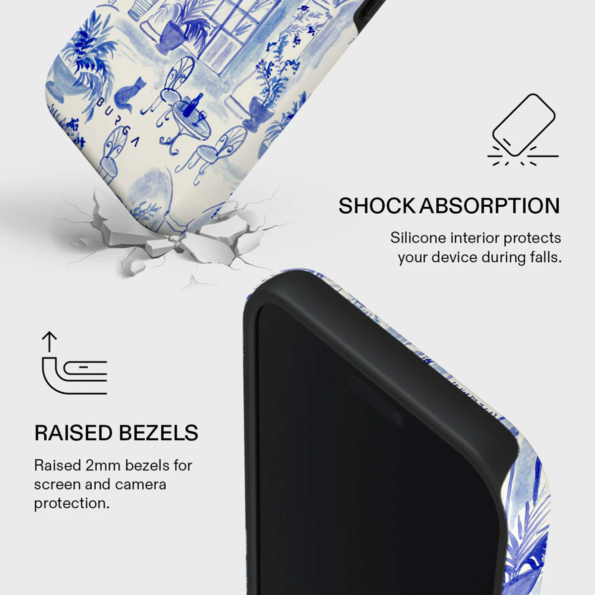 Telefoonhoesje met een blauw en wit ontwerp, dat schokabsorptie en verhoogde randen voor scherm- en camerabescherming aantoont.