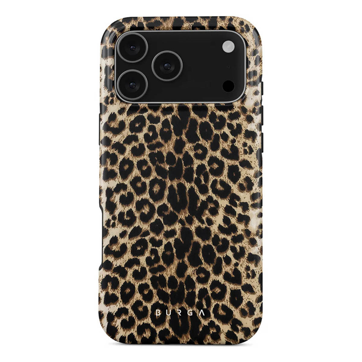 Een telefoonhoesje met een luipaardprint. Het heeft een zwarte cameramodule. Het merk "BURGA" staat onderaan gedrukt.