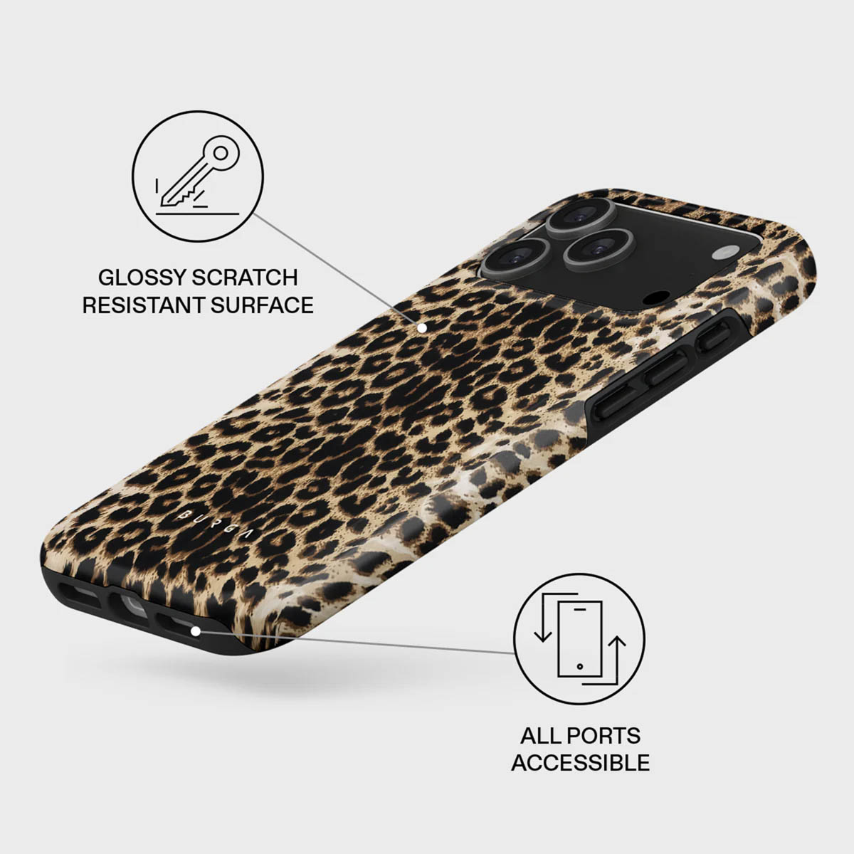 Telefoonhoesje met luipaardprint en glanzend oppervlak. Functies zijn alle toegankelijke poorten. Sleutelpictogram en tekst: "Glanzend krasbestendig oppervlak".