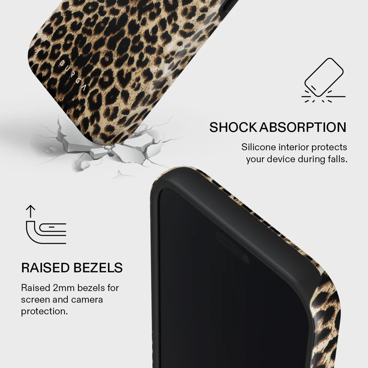 Een telefoonhoesje met een luipaardprint. Kenmerken zijn verhoogde randen, schokabsorptie en scherm-/kamerabescherming.
