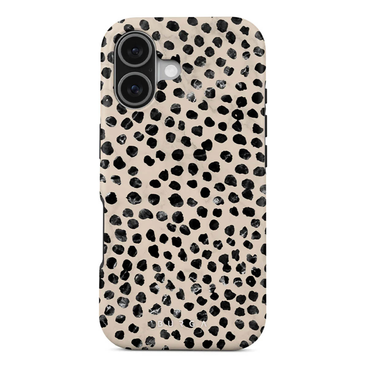 Coque de téléphone avec un fond beige, recouverte de taches noires. La coque a une découpe pour l'appareil photo et le mot BURGA en bas.