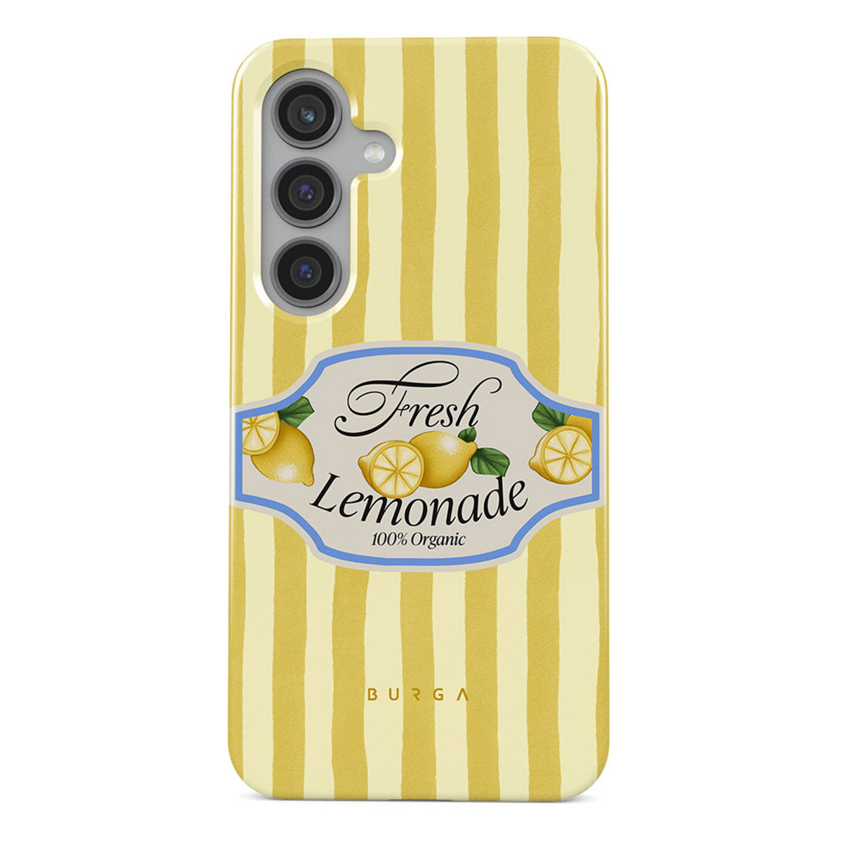 Een telefoonhoesje met gele strepen en een label met 'Fresh Lemonade'. De hoes heeft citroenen en bladeren op het label.