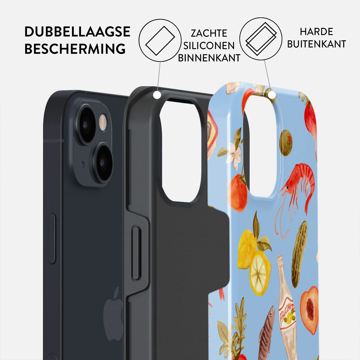 Telefoonhoesje met een blauw ontwerp met eten. De hoes heeft een zwarte binnenlaag en een harde buitenlaag. Tekstlabels.