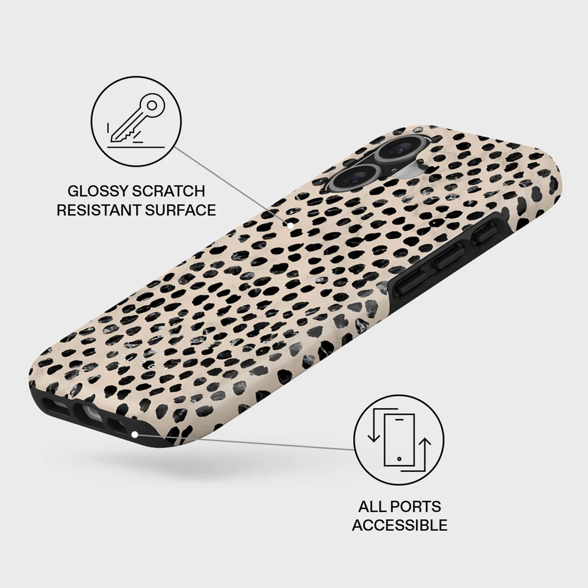 Une coque de téléphone avec une base beige et un motif à pois noirs. Texte : Surface résistante aux rayures. Tous les ports accessibles.