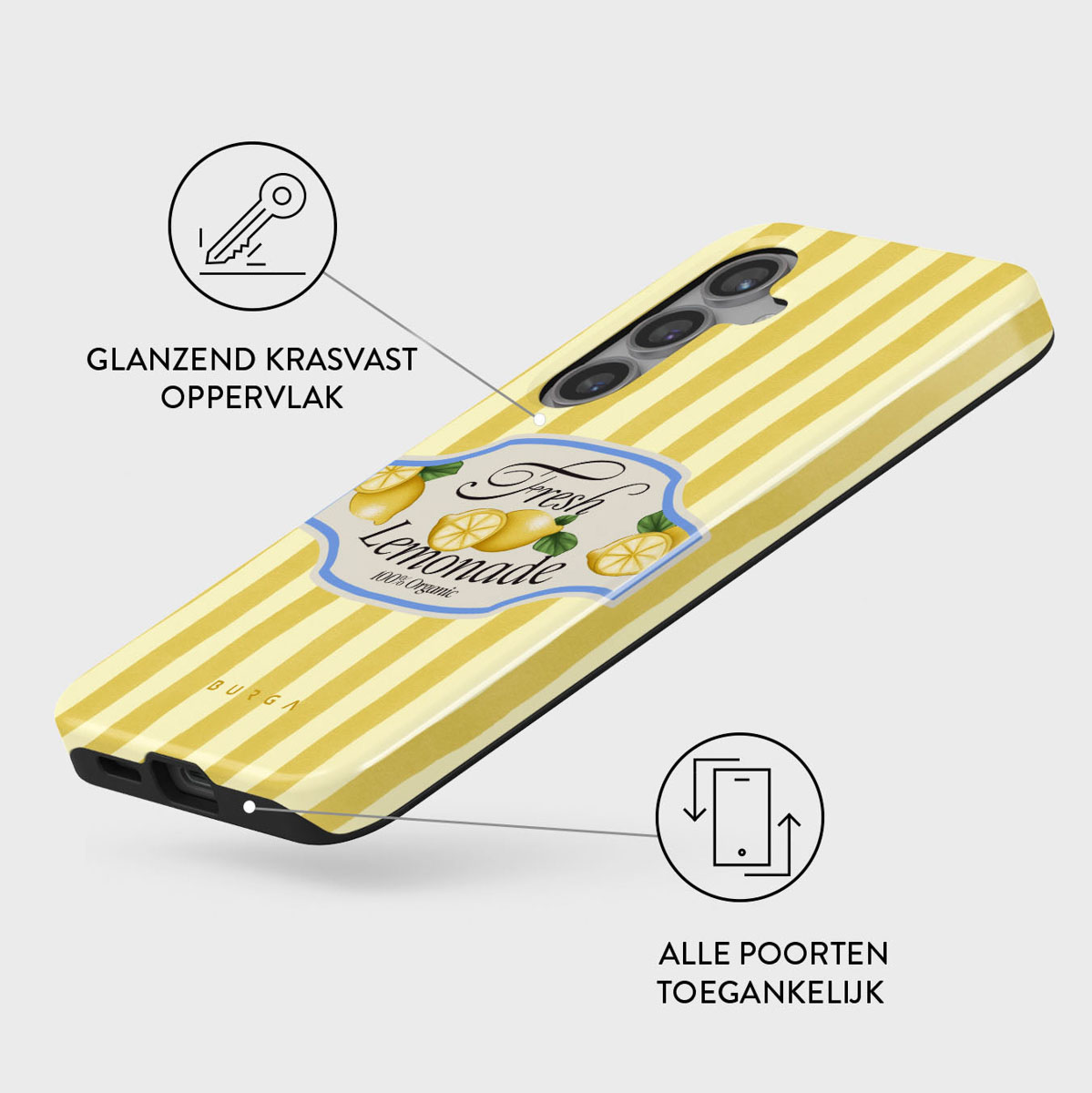Telefoonhoesje met gele strepen en een limonade label. Inclusief sleutel- en poort iconen. Tekst: 'Glanzend Krasvast Oppervlak'.