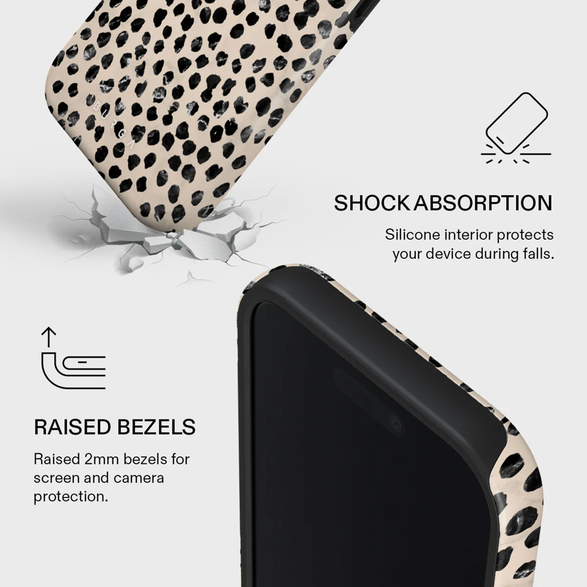 Une coque de téléphone avec un motif à pois beige et noir. Le texte décrit les bords surélevés et l'absorption des chocs.