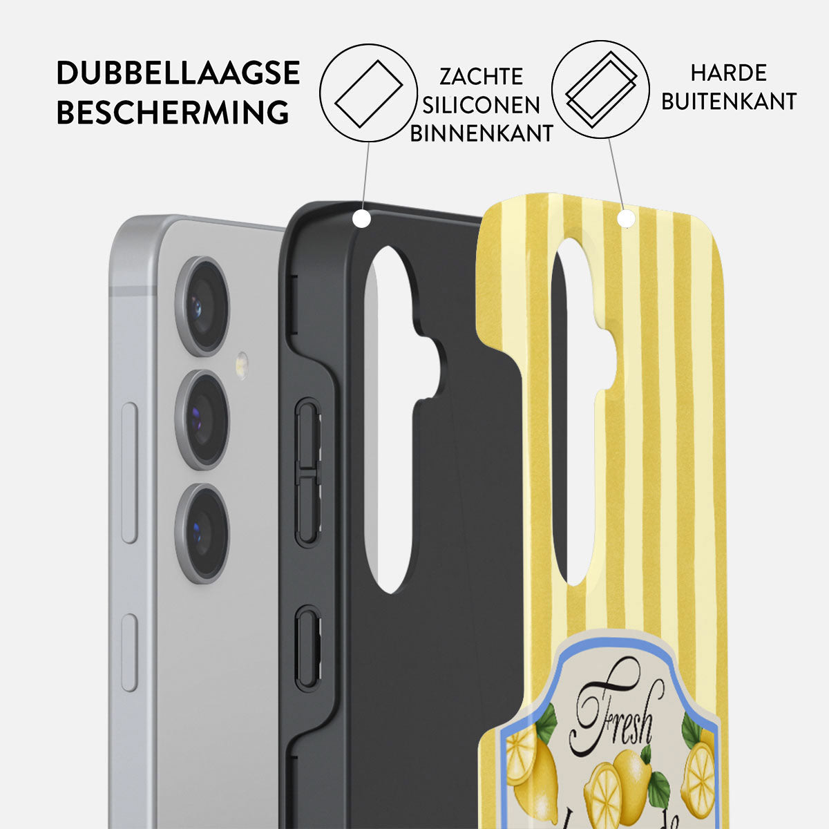 Telefoonhoesje met een zilveren telefoon. De hoes is zwart en geel gestreept met een citroenontwerp. Nederlandse tekst.