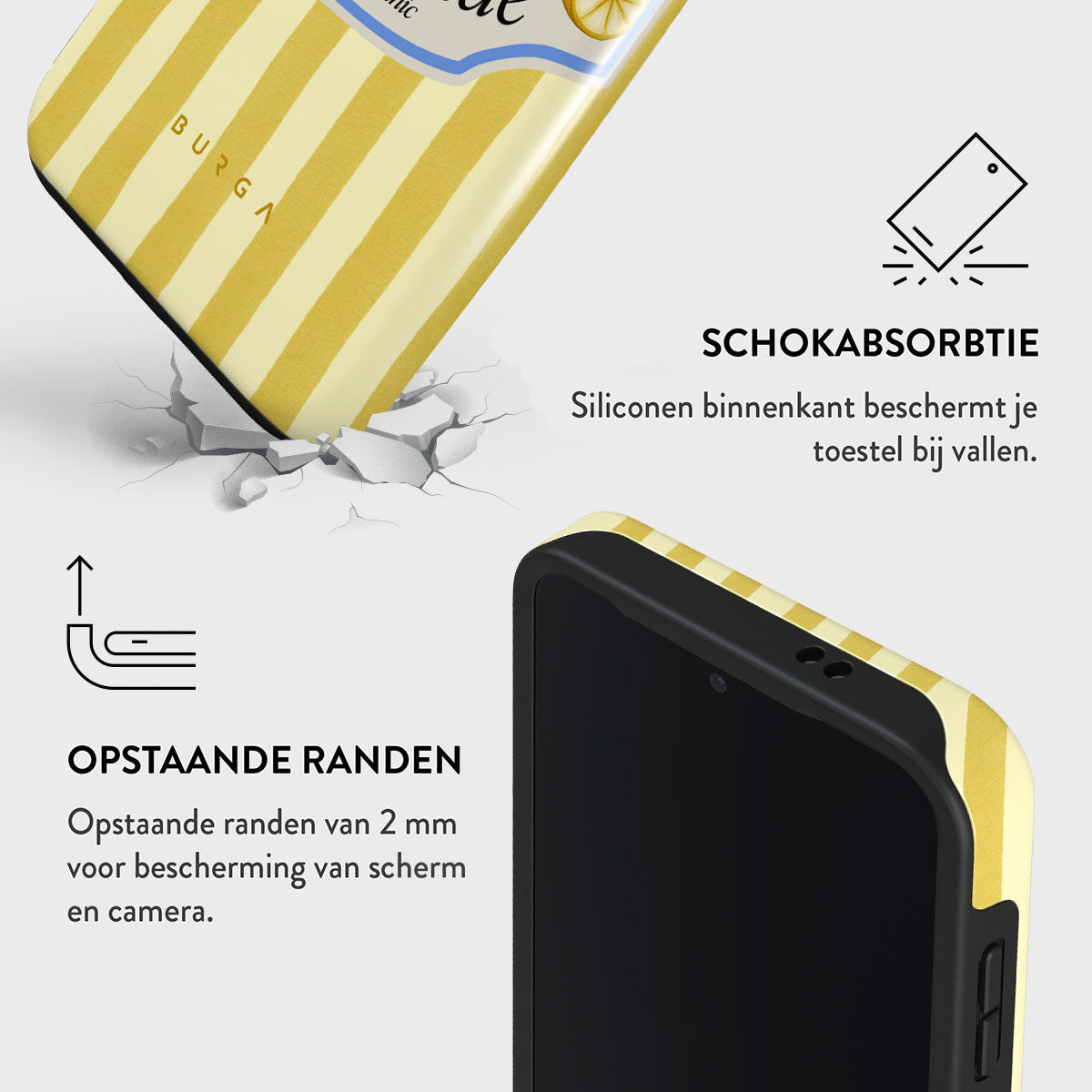 Een telefoonhoesje met gele strepen en een zwarte telefoon. Tekst beschrijft schokabsorptie en opstaande randen.