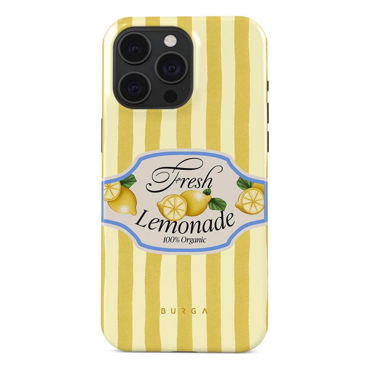 Een telefoonhoesje met gele strepen, een 'Fresh Lemonade'-label met citroenen en een telefooncamera. De merknaam 'BURGA' staat onderaan.