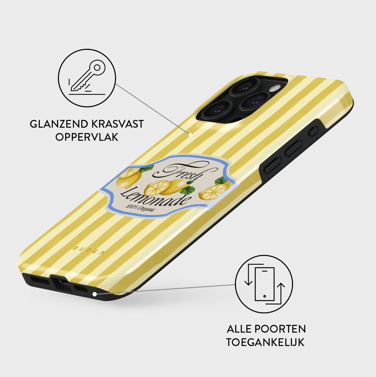 Een geel gestreept telefoonhoesje met een label voor verse limonade. Tekst op de hoes: 'Glanzend Krasvast Oppervlak' en 'Alle poorten toegankelijk'.