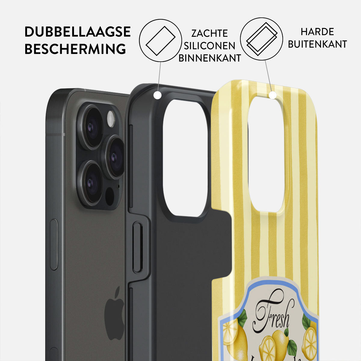 Een telefoonhoesje met gelaagde bescherming. De binnenste laag is zwart, de buitenste heeft gele strepen met een citroenontwerp.