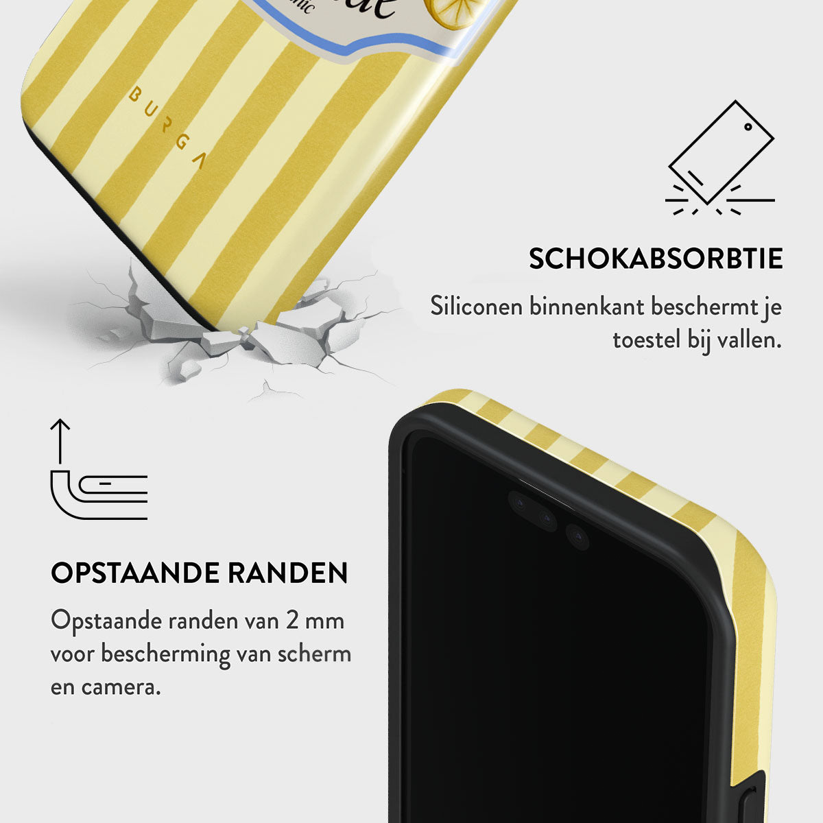 Een telefoonhoesje met gele strepen en een citroenontwerp. De hoes wordt getoond met een telefoon, die de beschermende eigenschappen benadrukt.