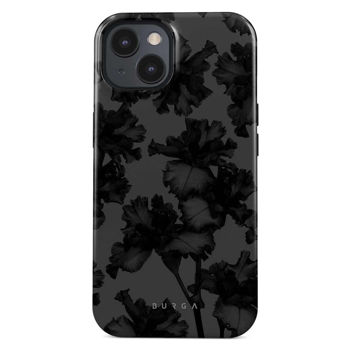 Zwarte iPhone-hoes met bloemenpatroon. Het ontwerp toont donkere irissen op een grijze achtergrond. Het BURGA-logo is zichtbaar.