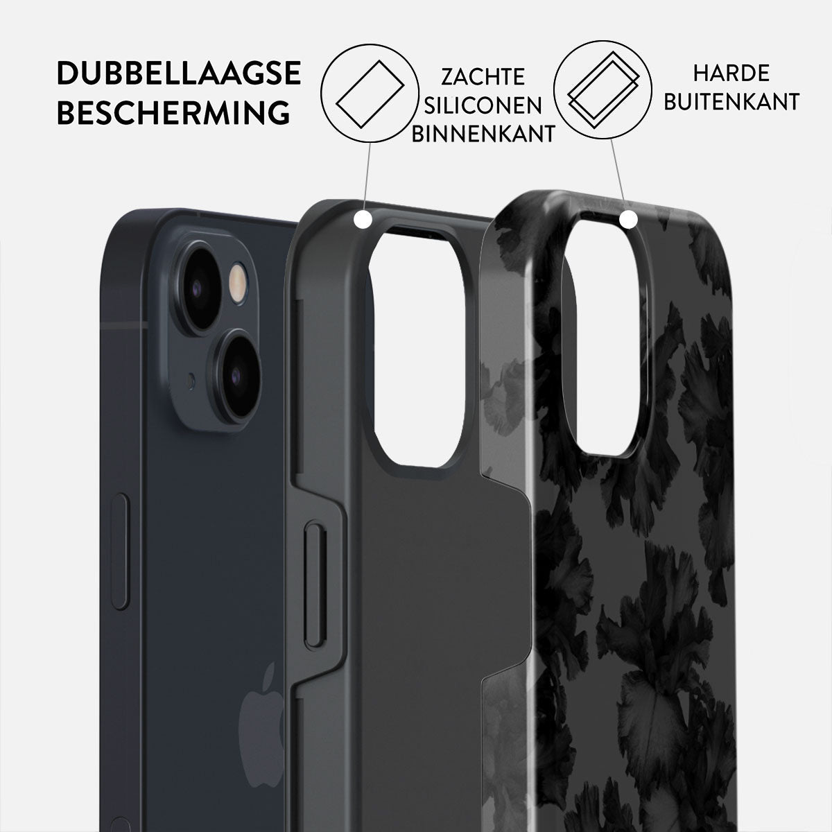 Een telefoon en een hoesje. De hoes heeft een bloemenpatroon en wordt omschreven als een zachte siliconen binnenlaag en een harde buitenlaag.